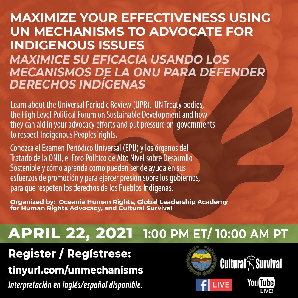 Cómo maximizar la eficacia de su incidencia mediante el Examen Periódico Universal y los órganos del Tratado de la ONU, el Foro Político de Alto Nivel sobre Desarrollo Sostenible para defender Derechos Indígenas 